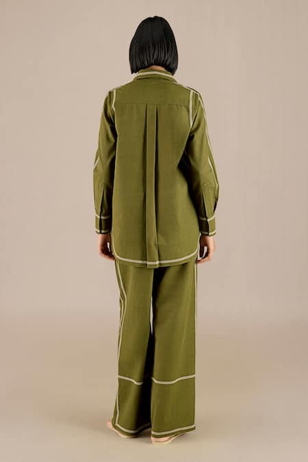 Shop Ampm Green Handloom Cotton Collared Meg Mini Striped Border Shirt With Pant at Aza Fashions Shop_Ampm_Green Handloom Cotton Collared Meg Mini Striped Border Shirt With Pant _at_Aza_Fashions