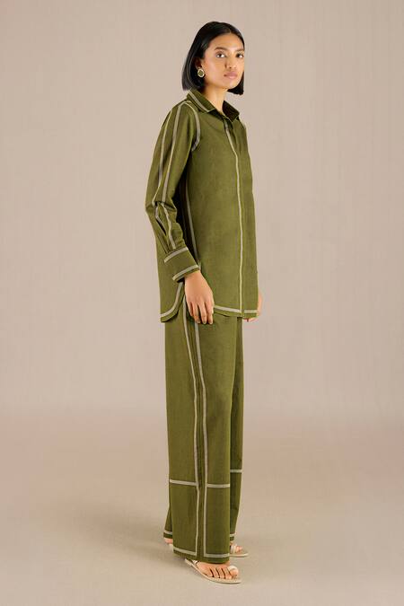 Ampm Green Handloom Cotton Collared Meg Mini Striped Border Shirt With Pant Online at Aza Fashions Ampm_Green Handloom Cotton Collared Meg Mini Striped Border Shirt With Pant _Online_at_Aza_Fashions