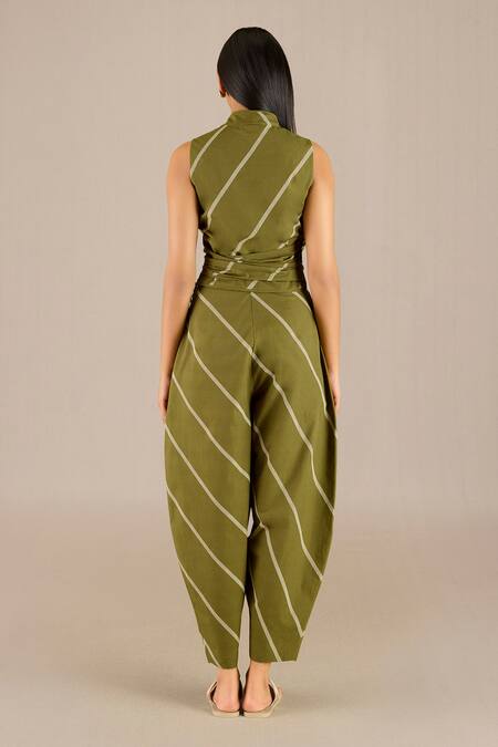 Shop Ampm Green Cotton, Poplin V-neck Hawaii Mini Striped Wrap Top With Balloon Pant at Aza Fashions Shop_Ampm_Green Cotton, Poplin V-neck Hawaii Mini Striped Wrap Top With Balloon Pant_at_Aza_Fashions