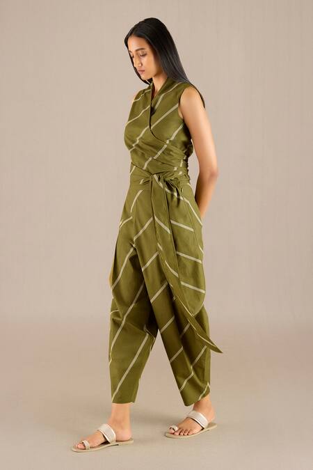 Ampm Green Cotton, Poplin V-neck Hawaii Mini Striped Wrap Top With Balloon Pant Online at Aza Fashions Ampm_Green Cotton, Poplin V-neck Hawaii Mini Striped Wrap Top With Balloon Pant_Online_at_Aza_Fashions