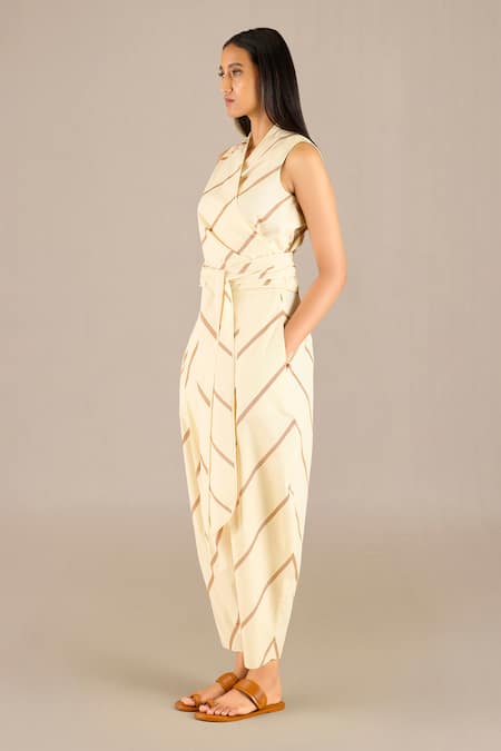 Ampm_Green Cotton V-neck Hawaii Striped Band Wrap Top With Balloon Pant_Online_at_Aza_Fashions