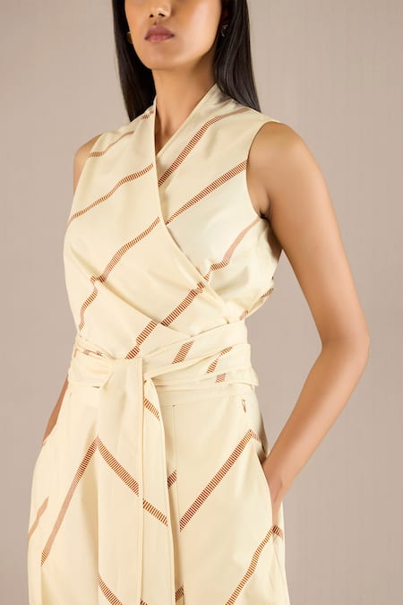 Shop_Ampm_Green Cotton V-neck Hawaii Striped Band Wrap Top With Balloon Pant_Online_at_Aza_Fashions