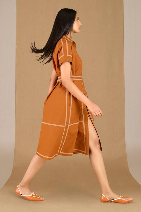 Ampm_Brown Poplin Collared Adya Mini Striped Shirt Dress With Belt_Online_at_Aza_Fashions