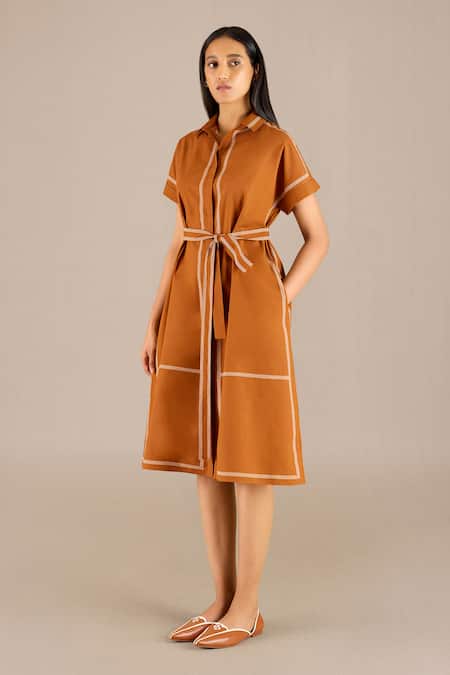 Shop_Ampm_Brown Poplin Collared Adya Mini Striped Shirt Dress With Belt_Online_at_Aza_Fashions