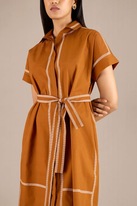 Ampm_Brown Poplin Collared Adya Mini Striped Shirt Dress With Belt_at_Aza_Fashions