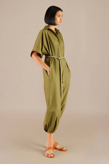 Shop_Ampm_Green Poplin Collared Irya Gathered Hem Solid Jumpsuit With Belt_Online_at_Aza_Fashions