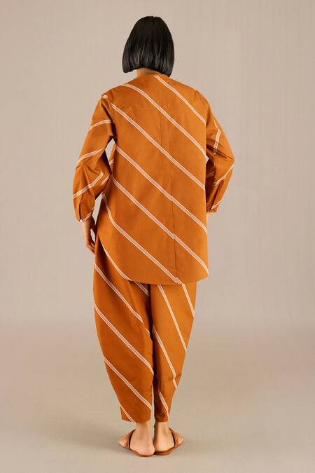 Shop Ampm Brown Poplin Round Neck Laya Framed Stripe Pattern Tunic With Dhoti Pant at Aza Fashions Shop_Ampm_Brown Poplin Round Neck Laya Framed Stripe Pattern Tunic With Dhoti Pant_at_Aza_Fashions