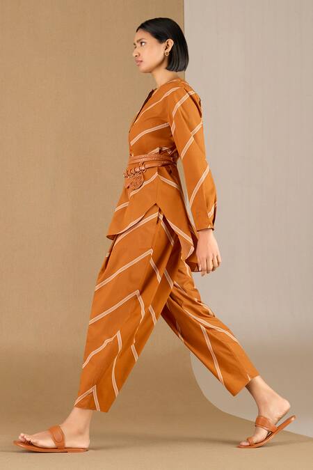 Ampm Brown Poplin Round Neck Laya Framed Stripe Pattern Tunic With Dhoti Pant Online at Aza Fashions Ampm_Brown Poplin Round Neck Laya Framed Stripe Pattern Tunic With Dhoti Pant_Online_at_Aza_Fashions