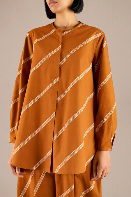 Buy Ampm Brown Poplin Round Neck Laya Framed Stripe Pattern Tunic With Dhoti Pant Online at Aza Fashions Buy_Ampm_Brown Poplin Round Neck Laya Framed Stripe Pattern Tunic With Dhoti Pant_Online_at_Aza_Fashions