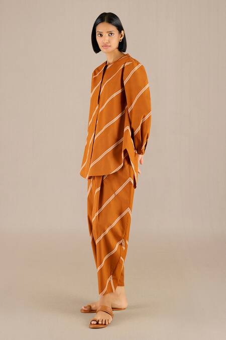 Shop Ampm Brown Poplin Round Neck Laya Framed Stripe Pattern Tunic With Dhoti Pant Online at Aza Fashions Shop_Ampm_Brown Poplin Round Neck Laya Framed Stripe Pattern Tunic With Dhoti Pant_Online_at_Aza_Fashions