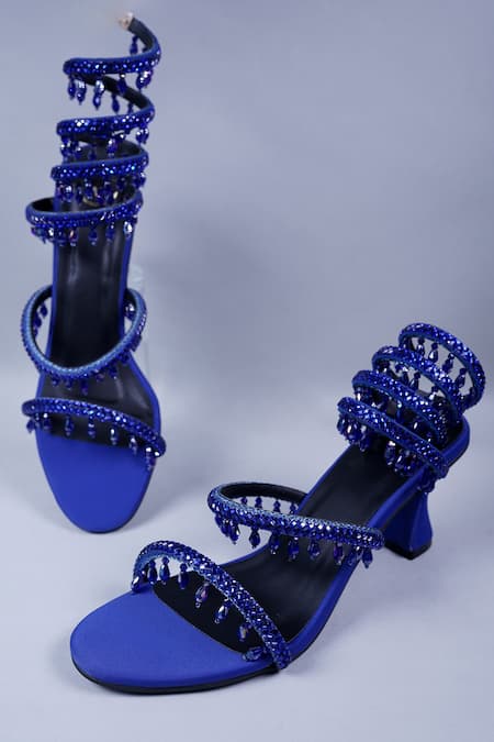 Sana K Luxurious Footwear Blue Rhinestones Embellished Wrap Heels 