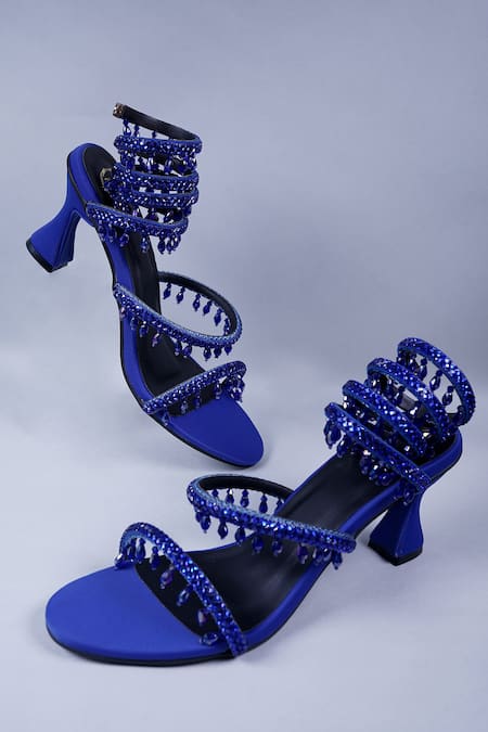 Shop Sana K luxurious Footwear Blue Rhinestones Embellished Wrap Heels at Aza Fashions Shop_Sana K luxurious Footwear_Blue Rhinestones Embellished Wrap Heels _at_Aza_Fashions