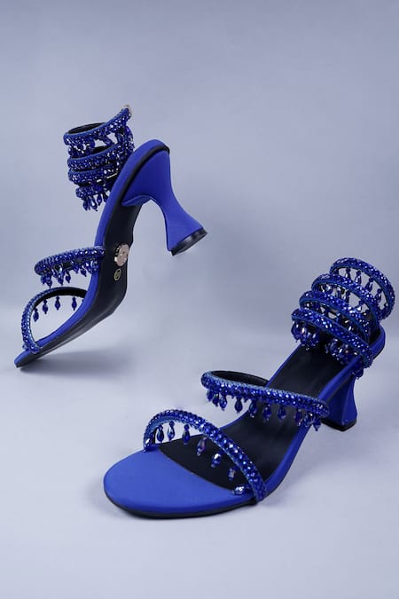 Shop Sana K luxurious Footwear Blue Rhinestones Embellished Wrap Heels Online at Aza Fashions Shop_Sana K luxurious Footwear_Blue Rhinestones Embellished Wrap Heels _Online_at_Aza_Fashions