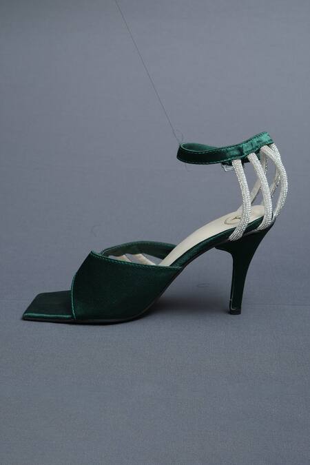 Sana K luxurious Footwear_Green Rhinestones Elle Criss Cross String Embellished Heels _Online_at_Aza_Fashions