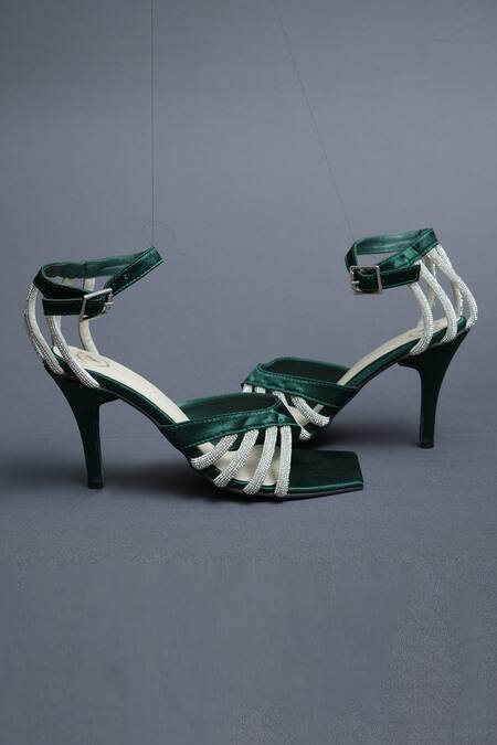 Shop_Sana K luxurious Footwear_Green Rhinestones Elle Criss Cross String Embellished Heels _Online_at_Aza_Fashions