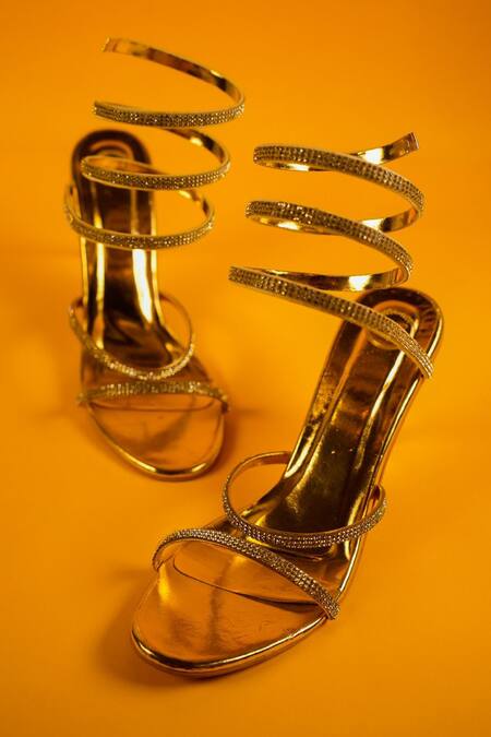 Shop_Sana K luxurious Footwear_Gold Rhinestones Stone Strap Embellished Spring Heels _Online_at_Aza_Fashions