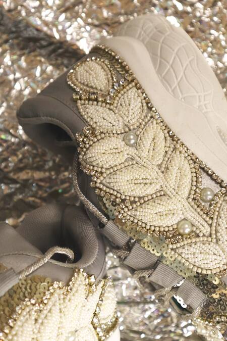 Buy Chal Jooti Silver Crown Of Pearl Embellished Sneakers Online at Aza Fashions Buy_Chal Jooti_Silver Crown Of Pearl Embellished Sneakers _Online_at_Aza_Fashions