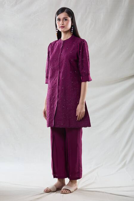 Naintara Bajaj_Purple Viscose Beads Mandarin Collar Kiaa Phool Embroidered Kurta With Pant _Online_at_Aza_Fashions