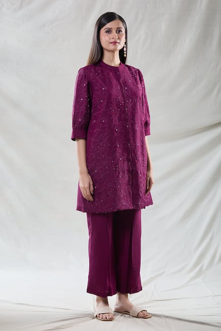 Buy_Naintara Bajaj_Purple Viscose Beads Mandarin Collar Kiaa Phool Embroidered Kurta With Pant _Online_at_Aza_Fashions