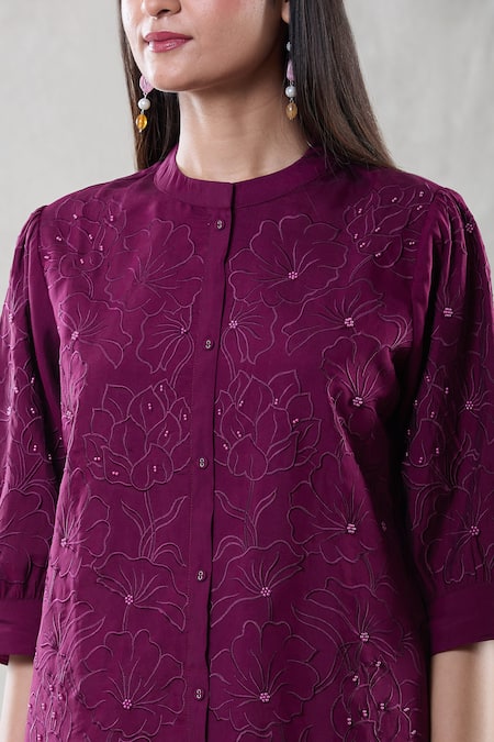 Shop_Naintara Bajaj_Purple Viscose Beads Mandarin Collar Kiaa Phool Embroidered Kurta With Pant _Online_at_Aza_Fashions