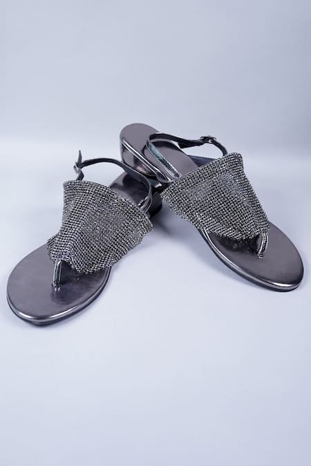 Sana K luxurious Footwear Grey Crystals Stone Embellished Strap Wedges 