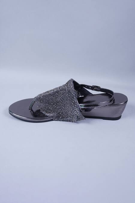 Buy Sana K luxurious Footwear Grey Crystals Stone Embellished Strap Wedges Online at Aza Fashions Buy_Sana K luxurious Footwear_Grey Crystals Stone Embellished Strap Wedges _Online_at_Aza_Fashions