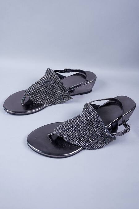 Shop Sana K luxurious Footwear Grey Crystals Stone Embellished Strap Wedges Online at Aza Fashions Shop_Sana K luxurious Footwear_Grey Crystals Stone Embellished Strap Wedges _Online_at_Aza_Fashions