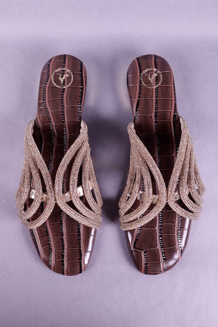 Sana K luxurious Footwear Brown Beads, Sequins Jewel Embellished Strap Heels 