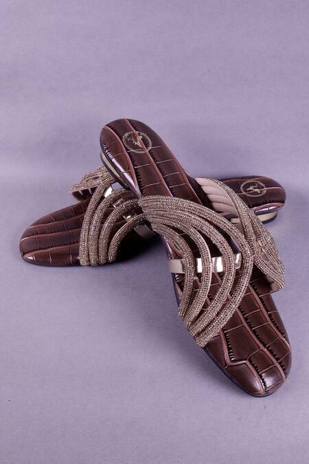 Shop_Sana K luxurious Footwear_Brown Beads, Sequins Jewel Embellished Strap Heels _Online_at_Aza_Fashions