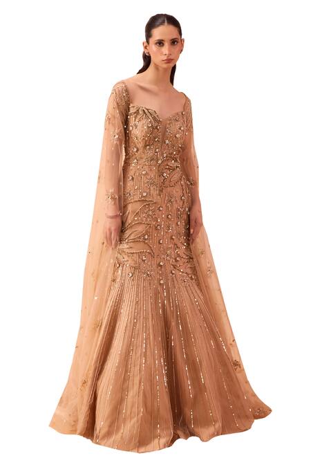 Parul Gandhi Gold Net Sequins, Beads, Cut Work Sweetheart Gleaming Floral Embroidered Gown Online at Aza Fashions Parul Gandhi_Gold Net Sequins, Beads, Cut Work Sweetheart Gleaming Floral Embroidered Gown _Online_at_Aza_Fashions