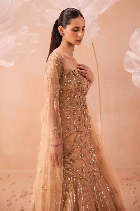 Buy Parul Gandhi Gold Net Sequins, Beads, Cut Work Sweetheart Gleaming Floral Embroidered Gown Online at Aza Fashions Buy_Parul Gandhi_Gold Net Sequins, Beads, Cut Work Sweetheart Gleaming Floral Embroidered Gown _Online_at_Aza_Fashions