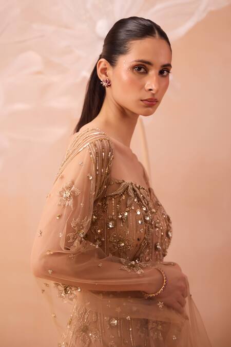 Shop Parul Gandhi Gold Net Sequins, Beads, Cut Work Sweetheart Gleaming Floral Embroidered Gown Online at Aza Fashions Shop_Parul Gandhi_Gold Net Sequins, Beads, Cut Work Sweetheart Gleaming Floral Embroidered Gown _Online_at_Aza_Fashions