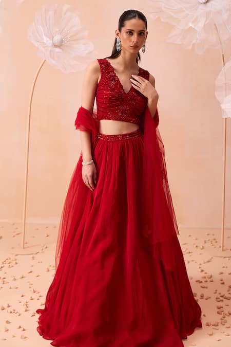 PARUL GANDHI Scarlet Dream 3D Floral Embroidered Lehenga Set 