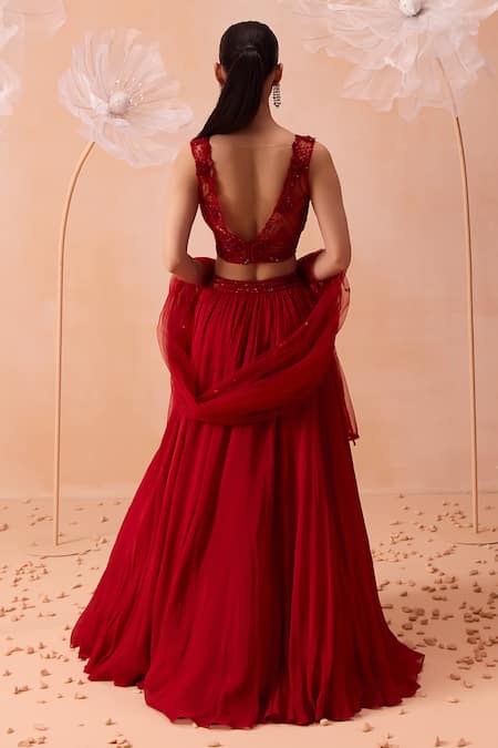 Shop Parul Gandhi Red Silk Organza Sequins, Cut Work, Scarlet Dream 3d Floral Lehenga Set at Aza Fashions Shop_Parul Gandhi_Red Silk Organza Sequins, Cut Work, Scarlet Dream 3d Floral Lehenga Set _at_Aza_Fashions