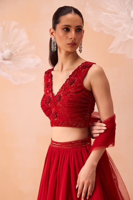 Parul Gandhi Red Silk Organza Sequins, Cut Work, Scarlet Dream 3d Floral Lehenga Set Online at Aza Fashions Parul Gandhi_Red Silk Organza Sequins, Cut Work, Scarlet Dream 3d Floral Lehenga Set _Online_at_Aza_Fashions