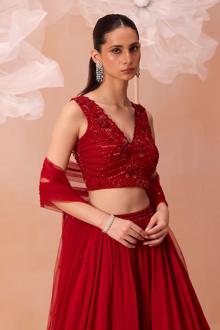 Buy Parul Gandhi Red Silk Organza Sequins, Cut Work, Scarlet Dream 3d Floral Lehenga Set Online at Aza Fashions Buy_Parul Gandhi_Red Silk Organza Sequins, Cut Work, Scarlet Dream 3d Floral Lehenga Set _Online_at_Aza_Fashions