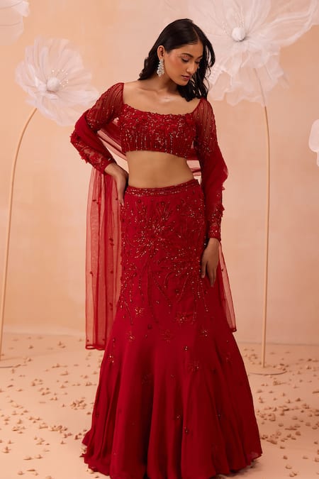 PARUL GANDHI Floral Embroidered Fishtail Lehenga Set 