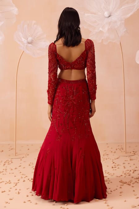 Shop Parul Gandhi Red Satin, Georgette Sequins, Beads, Cut Floral Embroidered Fishtail Lehenga Set at Aza Fashions Shop_Parul Gandhi_Red Satin, Georgette Sequins, Beads, Cut Floral Embroidered Fishtail Lehenga Set _at_Aza_Fashions