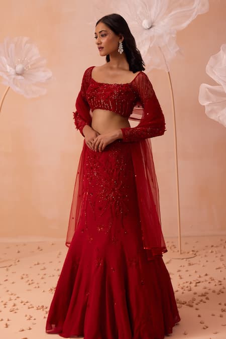 Parul Gandhi Red Satin, Georgette Sequins, Beads, Cut Floral Embroidered Fishtail Lehenga Set Online at Aza Fashions Parul Gandhi_Red Satin, Georgette Sequins, Beads, Cut Floral Embroidered Fishtail Lehenga Set _Online_at_Aza_Fashions