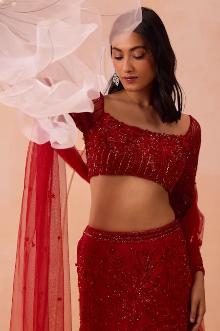 Buy Parul Gandhi Red Satin, Georgette Sequins, Beads, Cut Floral Embroidered Fishtail Lehenga Set Online at Aza Fashions Buy_Parul Gandhi_Red Satin, Georgette Sequins, Beads, Cut Floral Embroidered Fishtail Lehenga Set _Online_at_Aza_Fashions