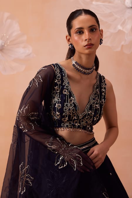 Shop Parul Gandhi Blue Organza Cut Work, Sequins Scoop Placement Embroidered Lehenga Blouse Set Online at Aza Fashions Shop_Parul Gandhi_Blue Organza Cut Work, Sequins Scoop Placement Embroidered Lehenga Blouse Set _Online_at_Aza_Fashions
