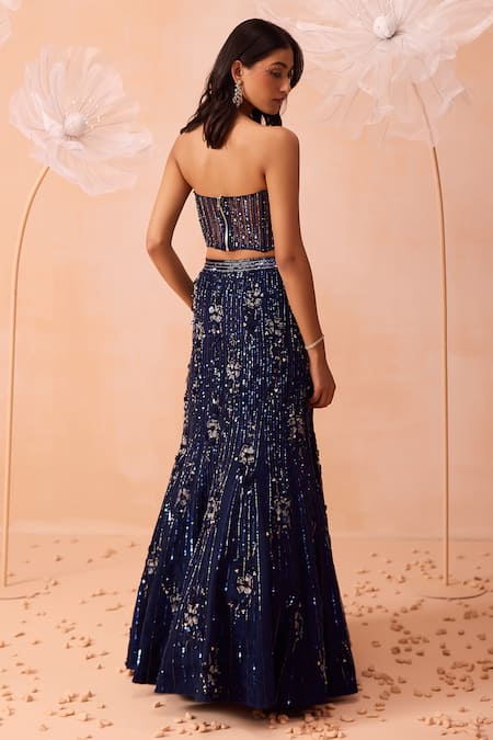 Shop Parul Gandhi Blue Silk, Net Sequins, Beads, Embroidery, Cut Work Stardust Lehenga Set at Aza Fashions Shop_Parul Gandhi_Blue Silk, Net Sequins, Beads, Embroidery, Cut Work Stardust Lehenga Set _at_Aza_Fashions
