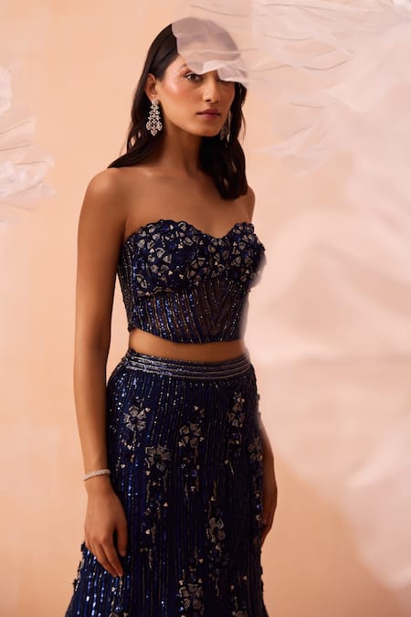 Parul Gandhi_Blue Silk, Net Sequins, Beads, Embroidery, Cut Work Stardust Lehenga Set _Online_at_Aza_Fashions
