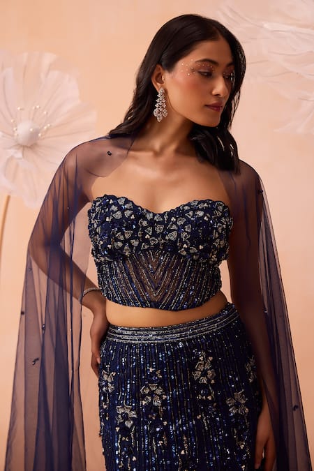 Shop Parul Gandhi Blue Silk, Net Sequins, Beads, Embroidery, Cut Work Stardust Lehenga Set Online at Aza Fashions Shop_Parul Gandhi_Blue Silk, Net Sequins, Beads, Embroidery, Cut Work Stardust Lehenga Set _Online_at_Aza_Fashions