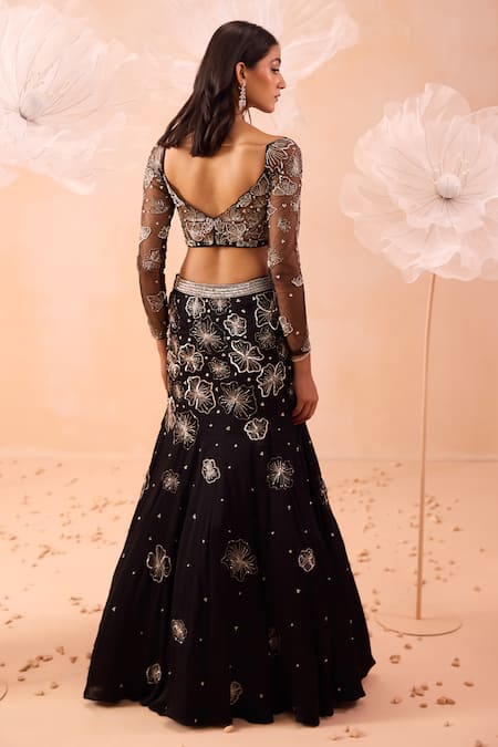 Shop Parul Gandhi Black Satin, Georgette Sequins, Beads, Blossom Embroidered Fishcut Lehenga Set at Aza Fashions Shop_Parul Gandhi_Black Satin, Georgette Sequins, Beads, Blossom Embroidered Fishcut Lehenga Set _at_Aza_Fashions