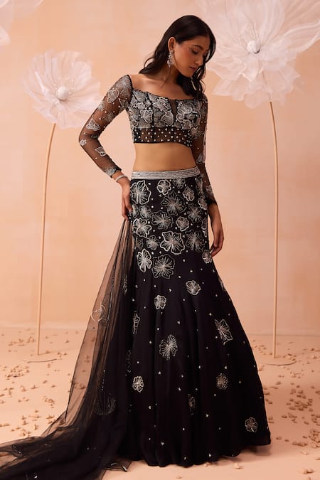 Parul Gandhi Black Satin, Georgette Sequins, Beads, Blossom Embroidered Fishcut Lehenga Set Online at Aza Fashions Parul Gandhi_Black Satin, Georgette Sequins, Beads, Blossom Embroidered Fishcut Lehenga Set _Online_at_Aza_Fashions