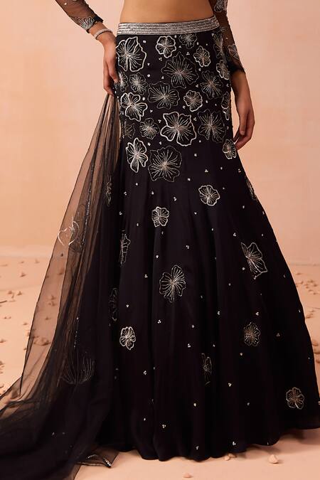 Buy Parul Gandhi Black Satin, Georgette Sequins, Beads, Blossom Embroidered Fishcut Lehenga Set Online at Aza Fashions Buy_Parul Gandhi_Black Satin, Georgette Sequins, Beads, Blossom Embroidered Fishcut Lehenga Set _Online_at_Aza_Fashions