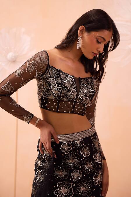 Shop Parul Gandhi Black Satin, Georgette Sequins, Beads, Blossom Embroidered Fishcut Lehenga Set Online at Aza Fashions Shop_Parul Gandhi_Black Satin, Georgette Sequins, Beads, Blossom Embroidered Fishcut Lehenga Set _Online_at_Aza_Fashions
