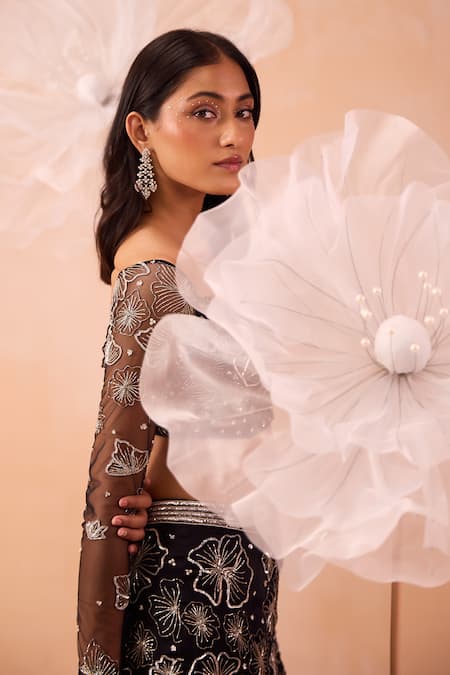 Parul Gandhi Black Satin, Georgette Sequins, Beads, Blossom Embroidered Fishcut Lehenga Set at Aza Fashions Parul Gandhi_Black Satin, Georgette Sequins, Beads, Blossom Embroidered Fishcut Lehenga Set _at_Aza_Fashions