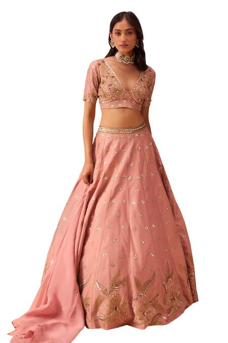 Shop_Parul Gandhi_Pink Silk, Tissue Embroidery, Cut Work, Gota Patti Embellished Lehenga Set _Online_at_Aza_Fashions